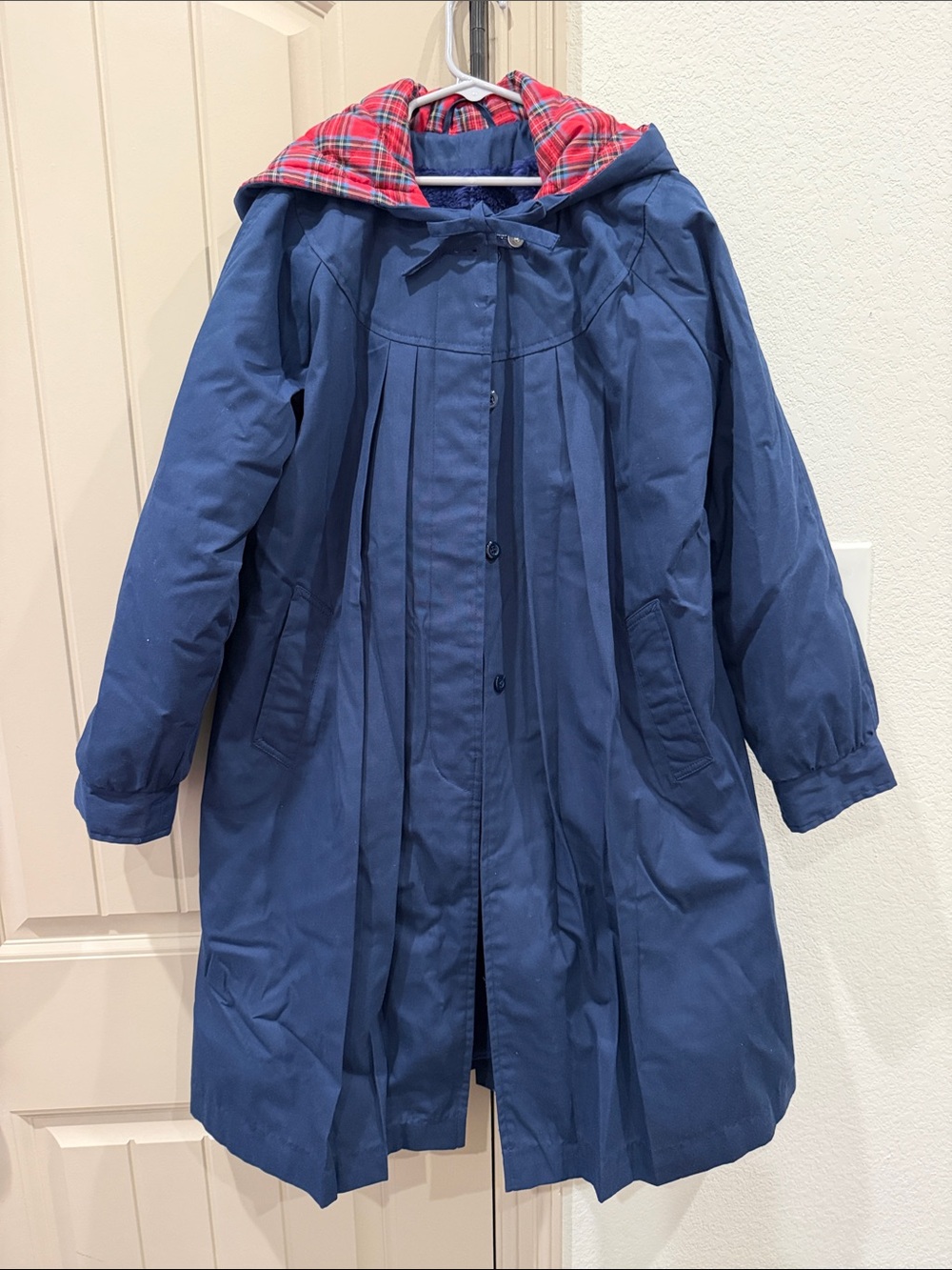 Vintage London Fog Navy Hooded Coat with Red Plaid Lining